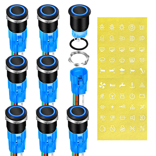 DaierTek 19mm Marine Latching Push Button Switch 12V Blue LED - 8 Pack