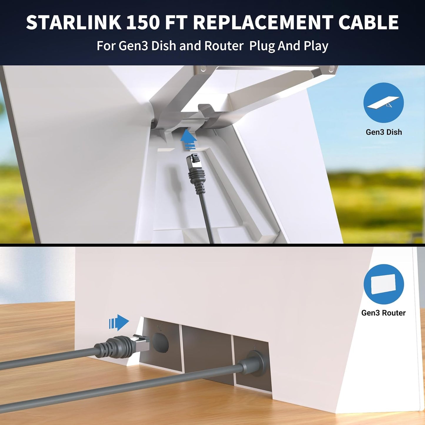 Starlink Cable 150FT  Replacement Cable,24AWG 2000Mbps High Speed CAT6 Cable for Starlink V3(150FT/46M)