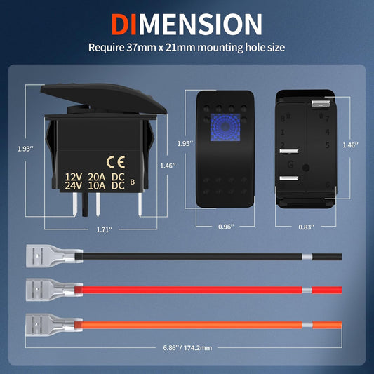 DaierTek Marine Waterproof LED Rocker Switch 12V - Blue