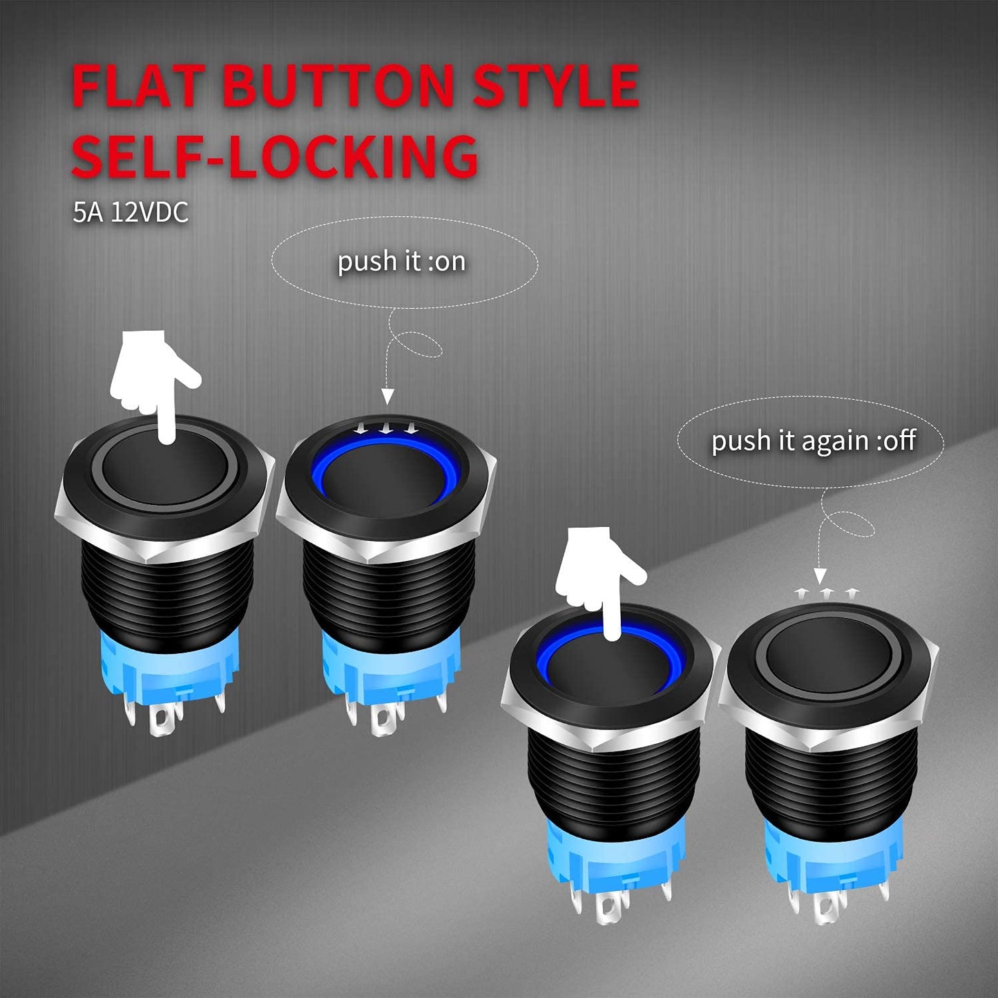 DaierTek 19mm Marine Latching Push Button Switch 12V Blue LED - 8 Pack