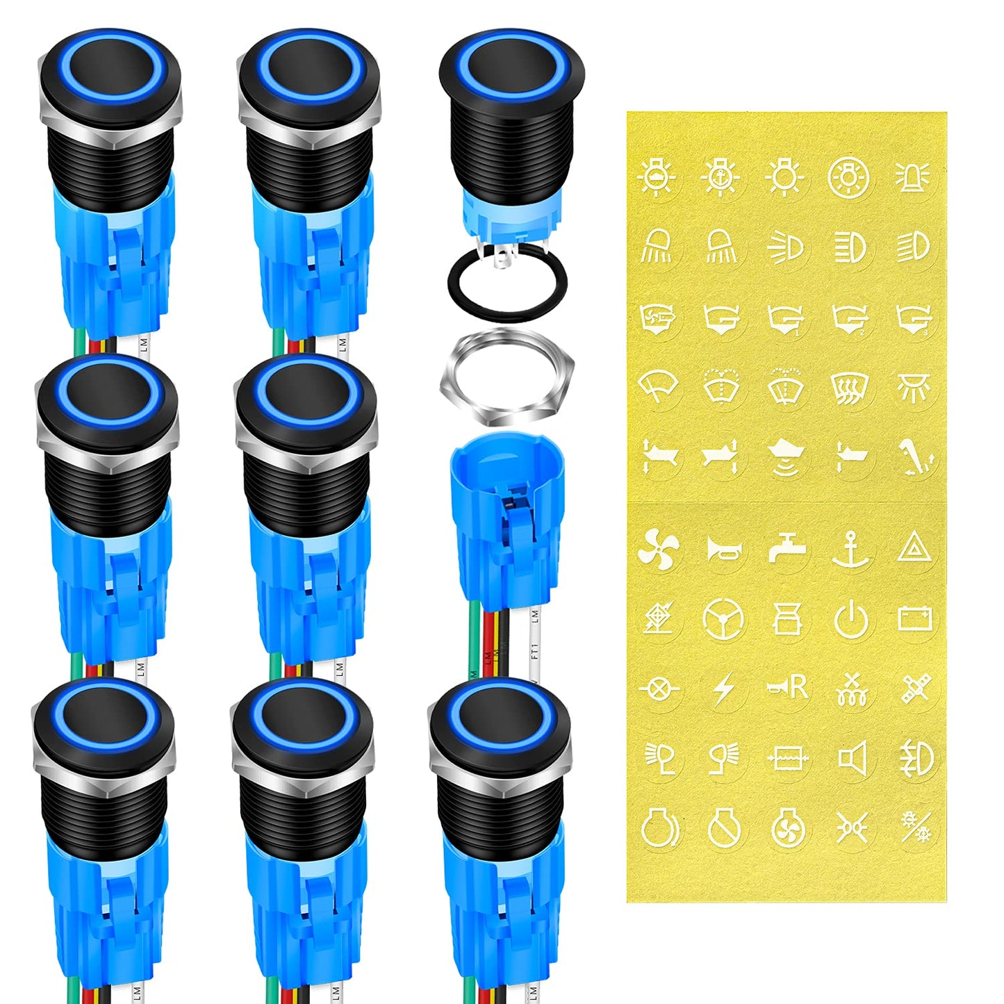 DaierTek 19mm Marine Latching Push Button Switch 12V Blue LED - 8 Pack
